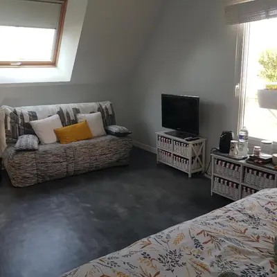 Télévision ou salle de divertissement dans l'établissement Entre Caen et la mer avec Piscine