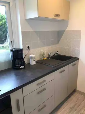 Cuisine ou kitchenette dans l'établissement La maison bleue
