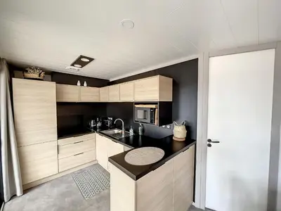 Cuisine ou kitchenette dans l'établissement Chalet standing, 6 couchages, piscine chauffée, terrasse privée, proche plage et commerces - FR-1-361-520