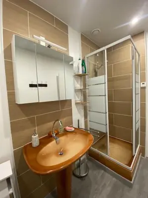 Salle de bains dans l'établissement Cancale « la ville es gris »