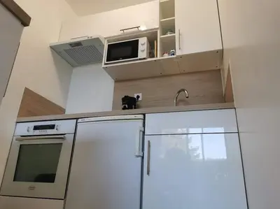 Cuisine ou kitchenette dans l'établissement Appartement accès direct à la plage