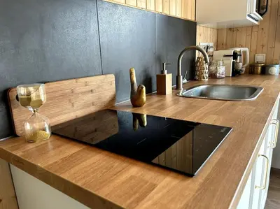 Cuisine ou kitchenette dans l'établissement Le Nid douillet proche de la mer. La clef des paons