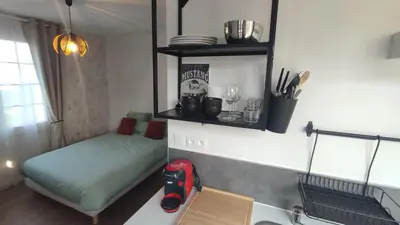 Cuisine ou kitchenette dans l'établissement Studio jardin st jean de daye