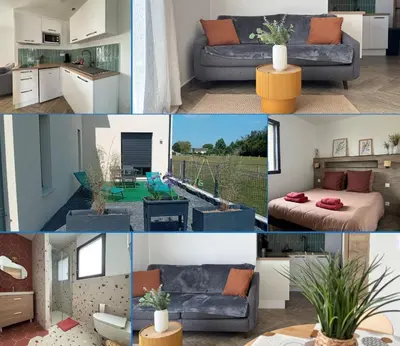 Coin salon dans l'établissement Champ de blé Apt neuf indépendant plain pied dans maison contemporaine décoration soignée tout confort terrasse aménagée, grand terrain parking privé à 15 mn de Caen et 10 mn deBayeux proche plages du débarquement