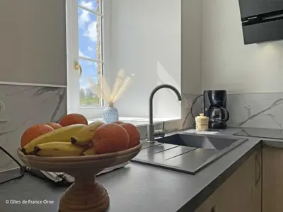 Cuisine ou kitchenette dans l'établissement Maison restaurée avec charme à Domfront, animaux admis, wifi, près des pistes cyclables - FR-1-497-201
