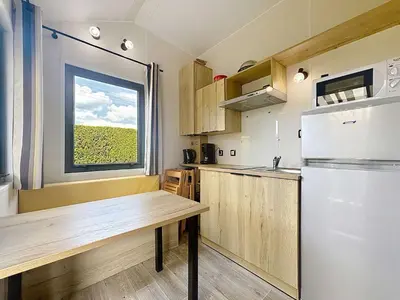Cuisine ou kitchenette dans l'établissement Séjour en Tiny House à Jullouville, piscine et parking inclus - FR-1-361A-95