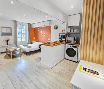Cuisine ou kitchenette dans l'établissement studio lumineux et moderne