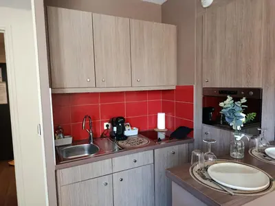 Cuisine ou kitchenette dans l'établissement studio au pied de l'Orne