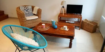 Télévision ou salle de divertissement dans l'établissement la maison bleue
