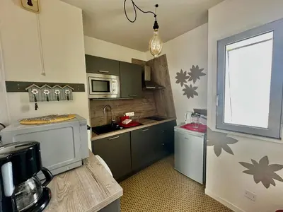 Cuisine ou kitchenette dans l'établissement La mouette rieuse, terrasse, vue mer, accès plage