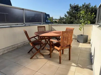 Balcon ou terrasse dans l'établissement La mouette rieuse, terrasse, vue mer, accès plage