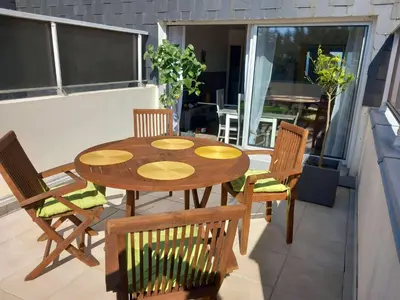Balcon ou terrasse dans l'établissement La mouette rieuse, terrasse, vue mer, accès plage