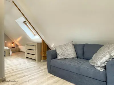 Coin salon dans l'établissement Gîte Confortable pour 2 avec Terrasse et WIFI en Normandie - FR-1-497-253