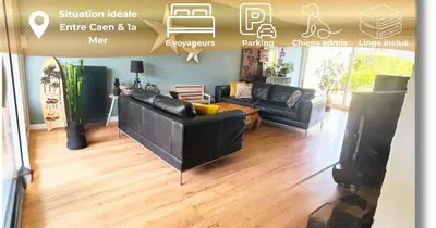 Coin salon dans l'établissement Maison familiale 3 chambres - Jardin clos BBQ linge inclus - Entre Caen & la Mer - Parking - arrivée autonome - professionnels bienvenus