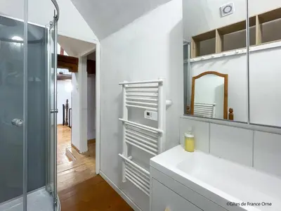 Salle de bains dans l'établissement Maison calme avec spa, piscine chauffée et jardin en Normandie - FR-1-497-254