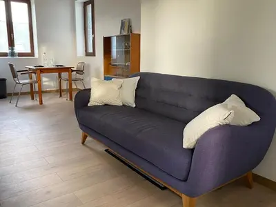 Coin salon dans l'établissement Charmant appartement Carolles
