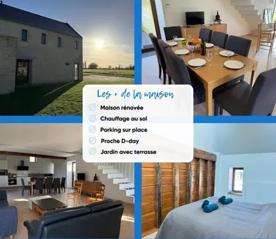 Télévision ou salle de divertissement dans l'établissement Le Pressoir, maison au calme, grand jardin, vue dégagée sur les champs, belle terrasse, 3 chambres, 2 sdb, 2 WC, parking privé, 5 kms de Bayeux et 7 kms plage d'Arromanches au coeur des plages du débarquement