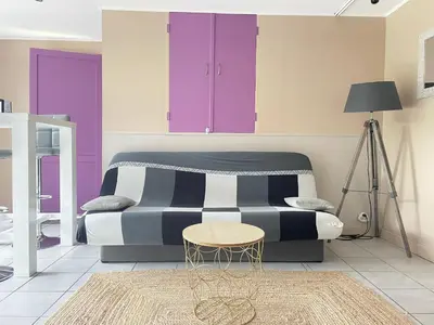 Coin salon dans l'établissement Normandie Cosy Apt rdc indépendant bien équipé dans maison confortable terrasse grand jardin clos sans vis à vis parking privatif entre Caen et Bayeux, proche plages du débarquement
