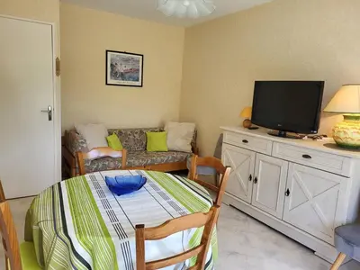 Télévision ou salle de divertissement dans l'établissement Appartement T2 au cœur de Cabourg avec balcon, parking & acceptant animaux - FR-1-465-16