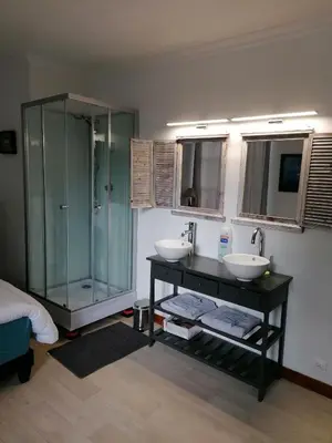 Salle de bains dans l'établissement Le Château du Bonheur, Piscine, Sauna et Jacuzzi
