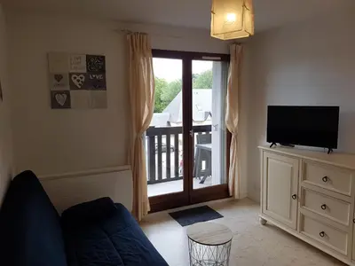 Télévision ou salle de divertissement dans l'établissement Charmant T2 à Cabourg, proche plage et centre-ville, balcon et parking gratuit - FR-1-487-312