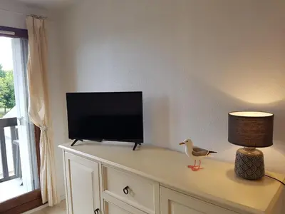 Télévision ou salle de divertissement dans l'établissement Charmant T2 à Cabourg, proche plage et centre-ville, balcon et parking gratuit - FR-1-487-312