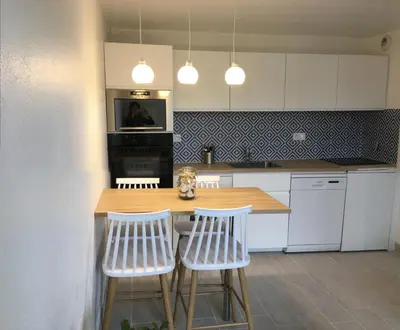 Cuisine ou kitchenette dans l'établissement Rez de jardin en Accès direct mer(100m) près de la Thalasso