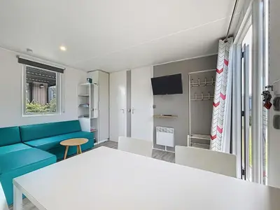 Télévision ou salle de divertissement dans l'établissement Mobil-home Grand Confort 4 pers, 2 chambres, 1 sdb, clim, terrasse & parking, à 200m de la plage - FR-1-361A-2