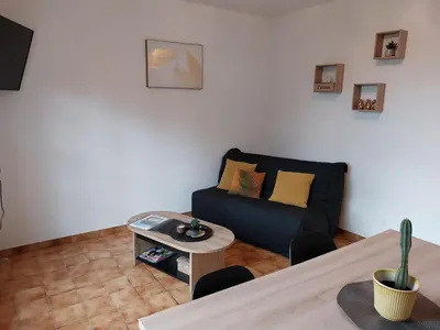 Coin salon dans l'établissement Maison chaleureuse avec terrasse et vue baie