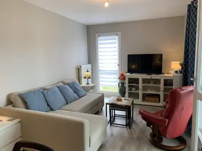 Télévision ou salle de divertissement dans l'établissement Charmant T2 à Cabourg, proche centre et plage, calme, loggia, ascenseur, animaux acceptés - FR-1-487-337