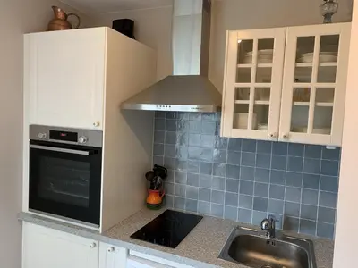 Cuisine ou kitchenette dans l'établissement Charmant T2 à Cabourg, proche centre et plage, calme, loggia, ascenseur, animaux acceptés - FR-1-487-337