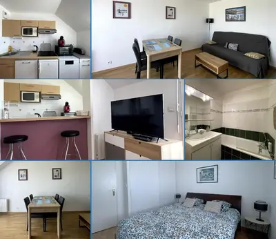 Cuisine ou kitchenette dans l'établissement L'air marin Apt avec belle terrasse vue dégagée séjour lumineux 10 mn à pied mer et centre Port en Bessin, tous commerces et restaurants, proche Bayeux et Omaha Beach