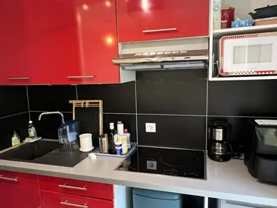 Cuisine ou kitchenette dans l'établissement Appartement T2 avec Jardin, Proche Plage et Centre, Parking Privé, Animaux Acceptés, Wi-Fi Gratuit - FR-1-487-342