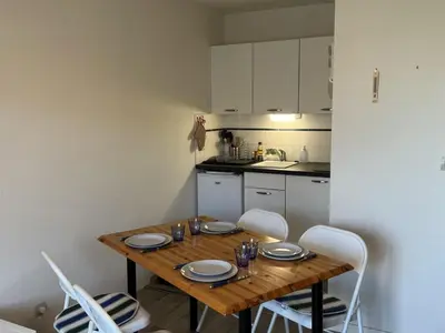 Cuisine ou kitchenette dans l'établissement Appartement 2 pièces avec balcon et accès direct plage à Cabourg, animaux admis - FR-1-487-352