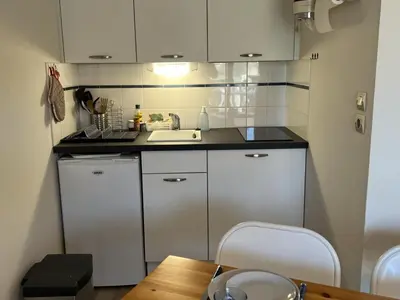 Cuisine ou kitchenette dans l'établissement Appartement 2 pièces avec balcon et accès direct plage à Cabourg, animaux admis - FR-1-487-352