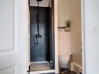 Salle de bains dans l'établissement Appartement rénové, 1 chambre, 300m de la gare, près du centre de Granville - FR-1-361-479